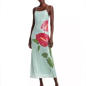 FARM Rio anthurium flower slip Sequin Midi Dress in Light Blue floral NWT medium